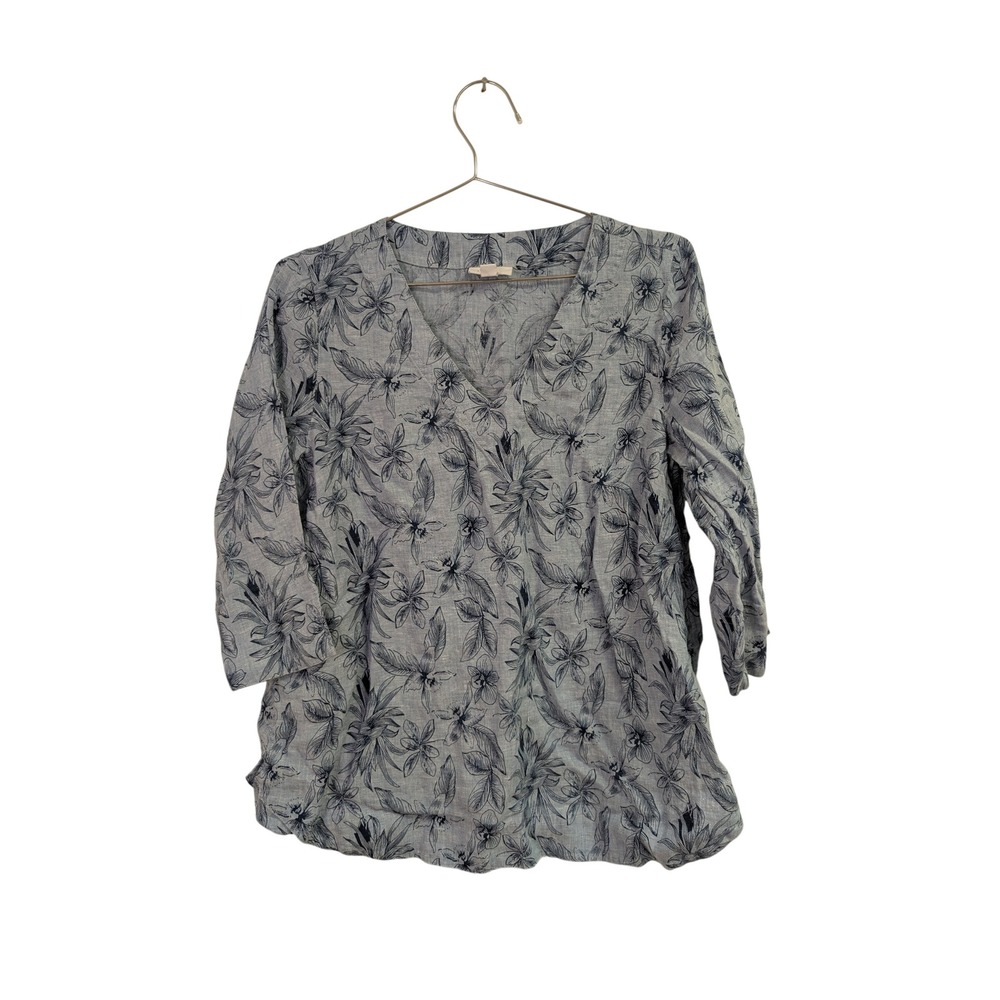 J. Jill Love Linen V Neck Tunic 3/4 Sleeve Top Oversized Floral Chambray Blue
